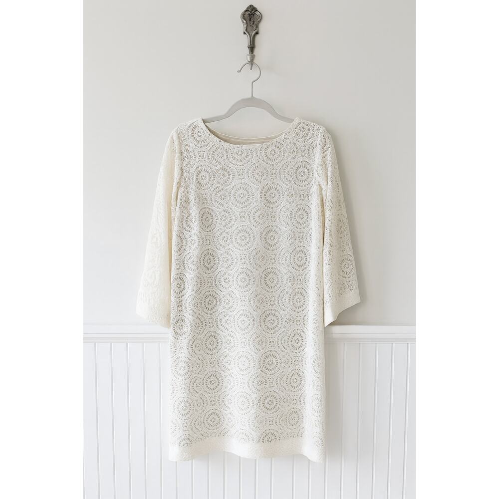 Emma & Michele Crochet Shift Dress Cream Lined Flare Sleeve Size Medium